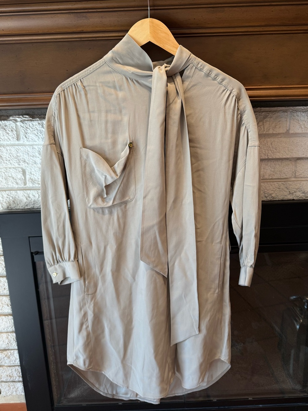 ever 100% Silk Tunic or Mini Dress Petite P Gray Taupe Tie Neck Long Sleeve